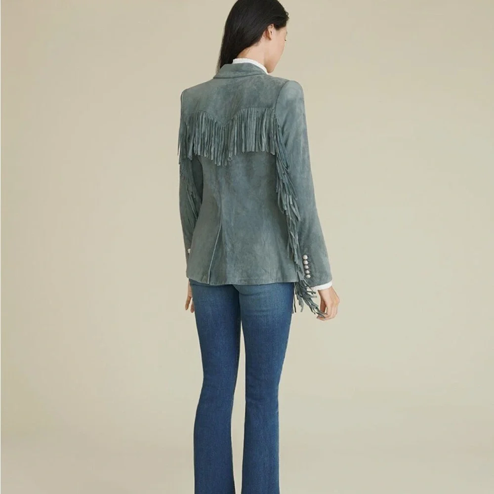 SOLD Veronica Beard XS Leather Suede Fringe Dickey Jacket Blazer Coat Green Grey - Picture 3 of 14